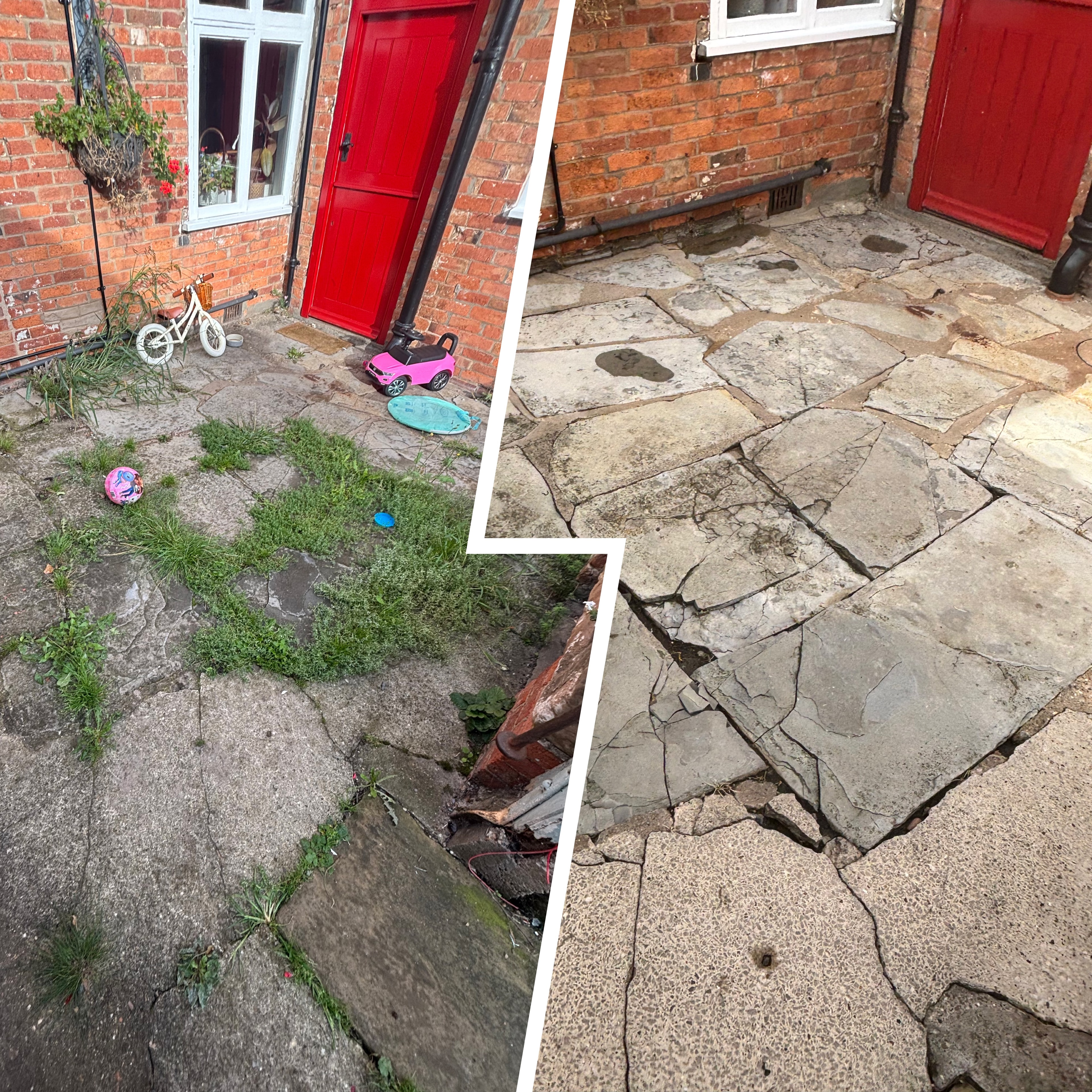 Before and after flagstone patio clean at a residential property in Long Bennington — grime and algae removed