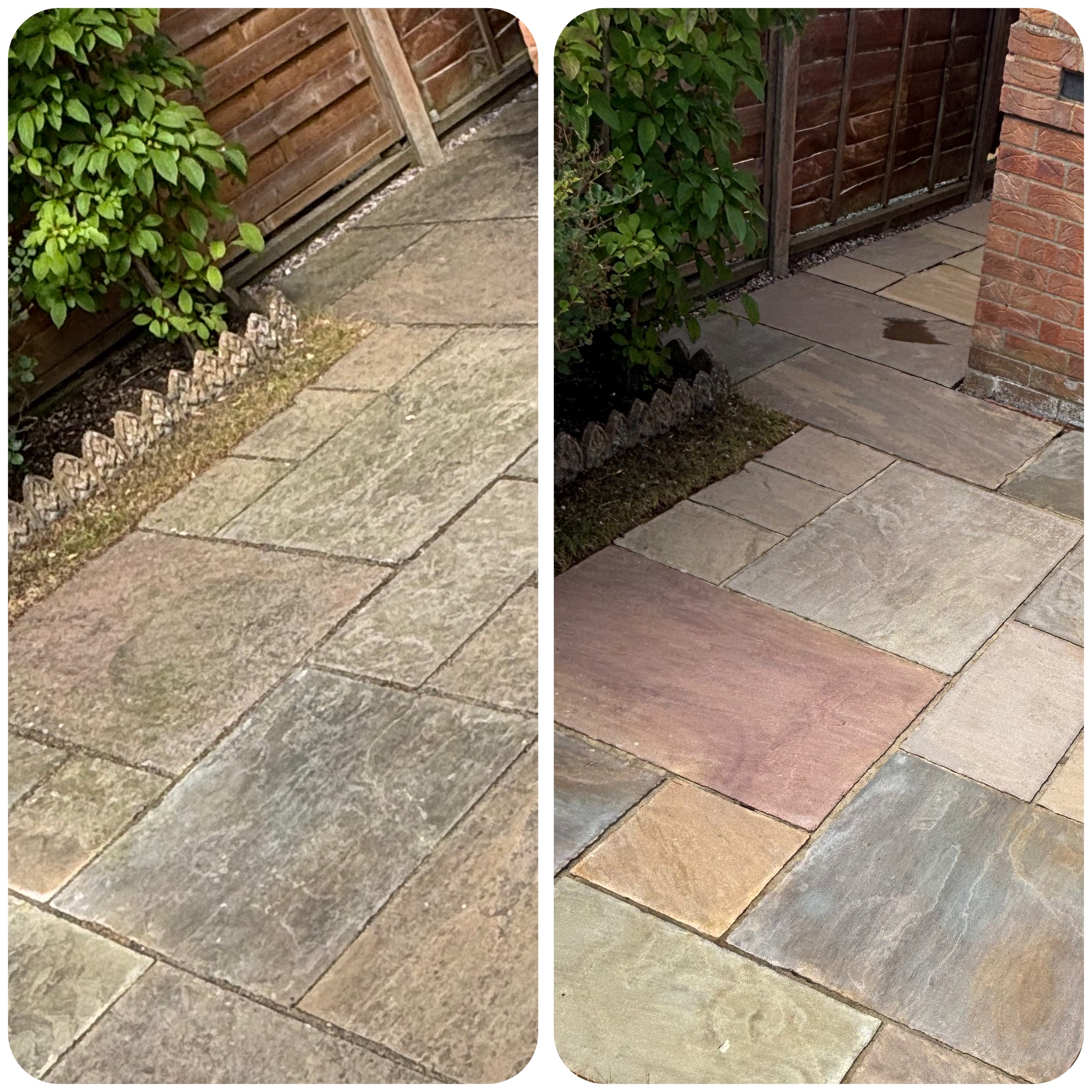 Before and after block pave path and patio clean at a residential property in Navenby — photo 1