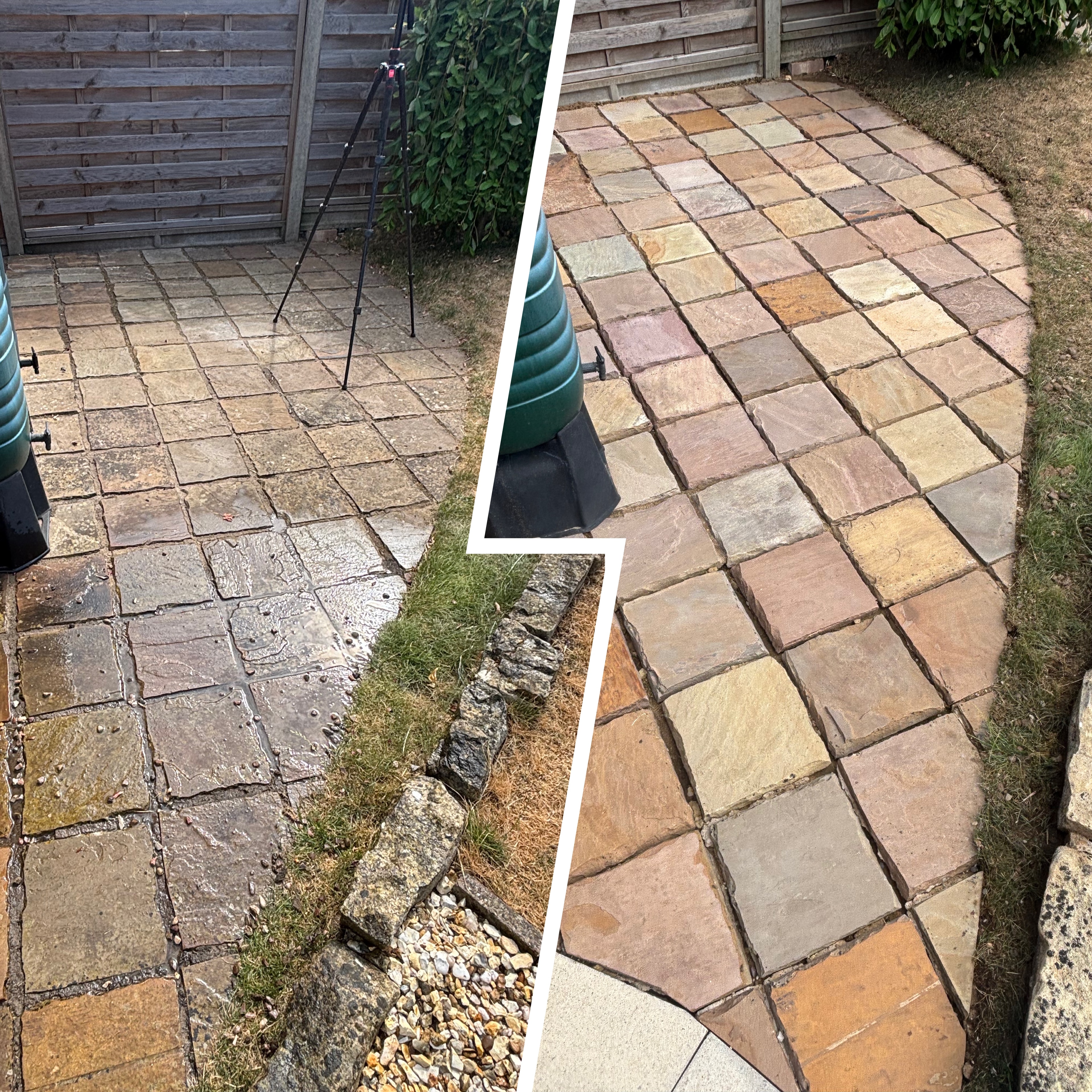 Before and after sandstone patio pressure wash at a residential property in Navenby — photo 2