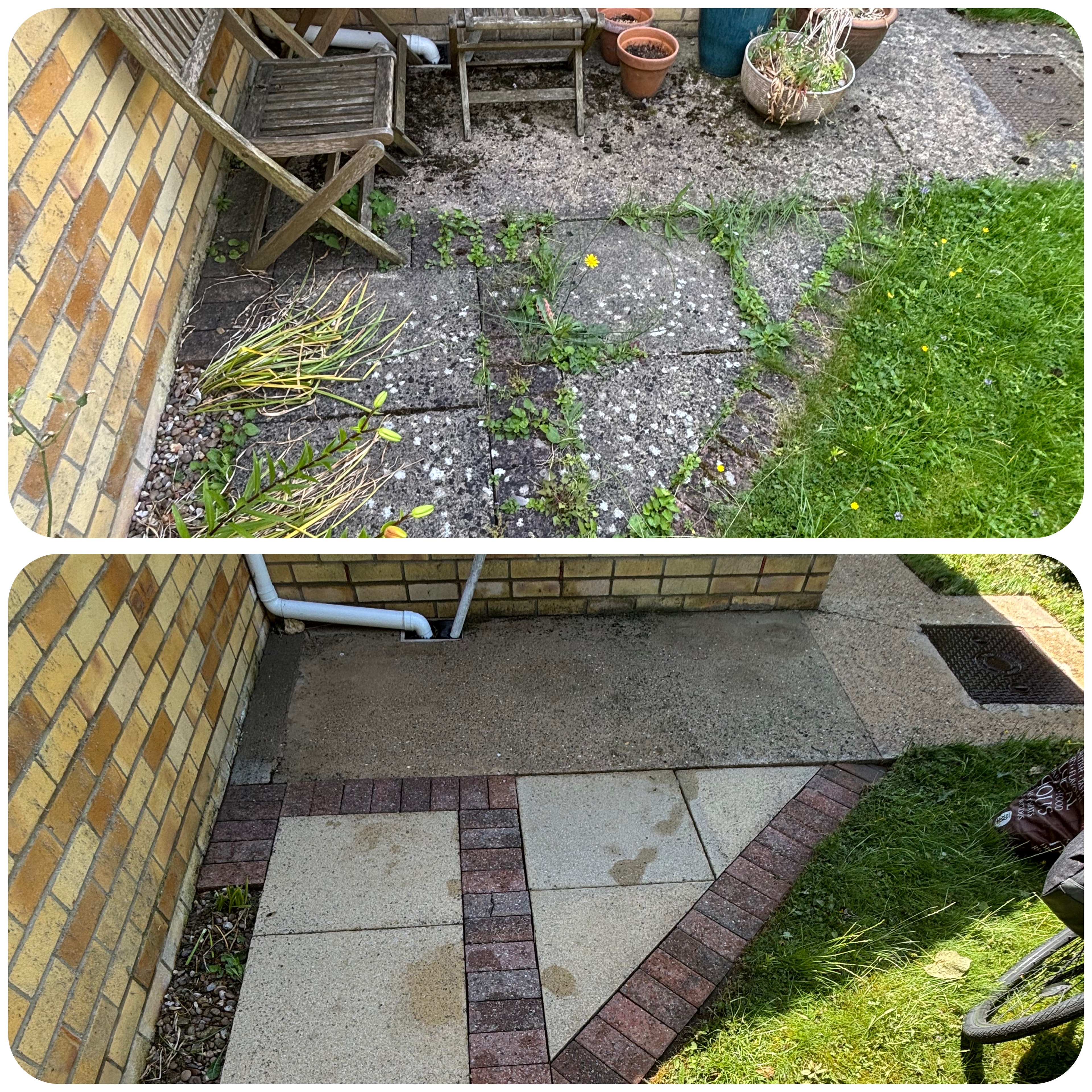 Patio before and after pressure washing in Navenby — photo 1