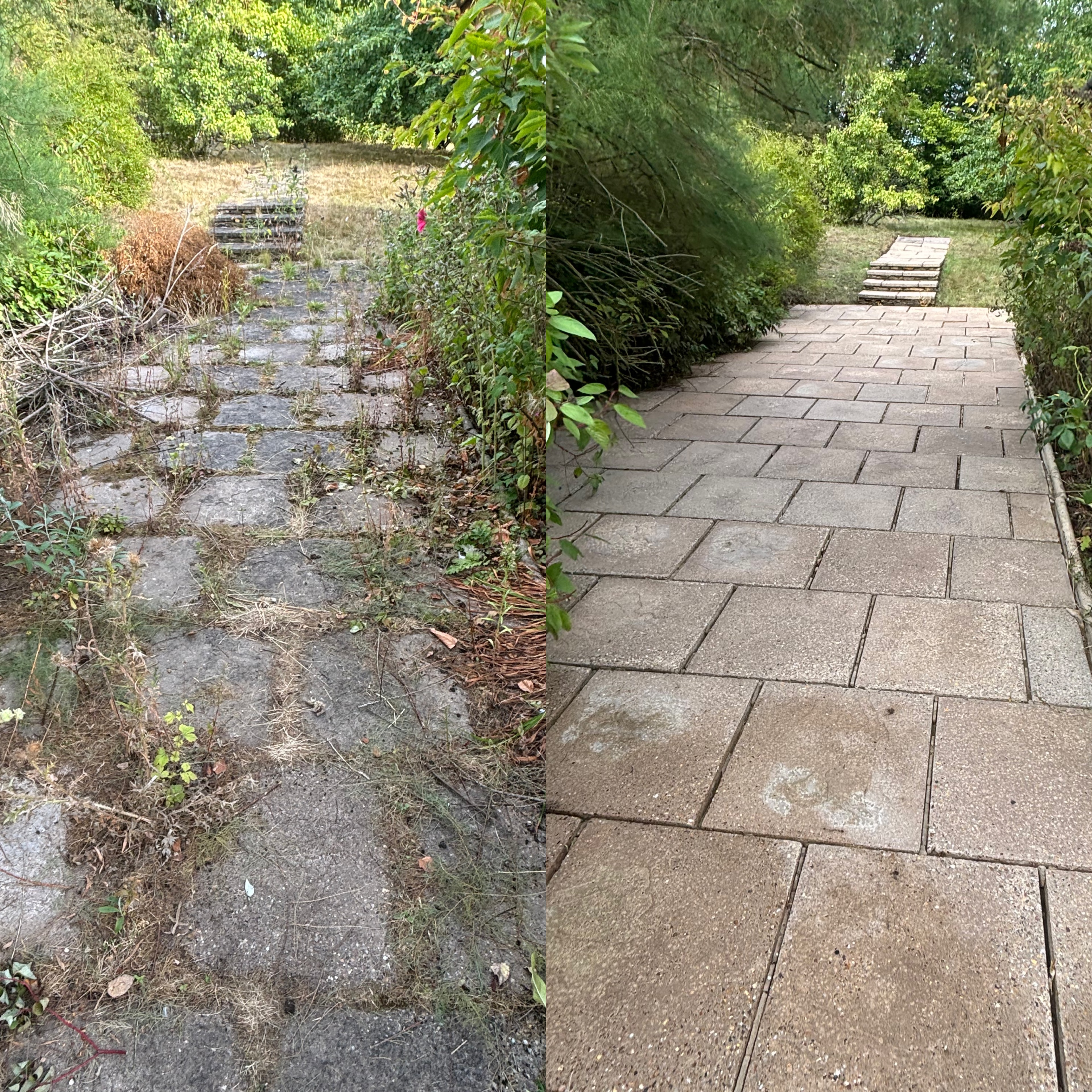 Before and after block pave path and patio clean at a residential property in Nettleham — moss and algae removed