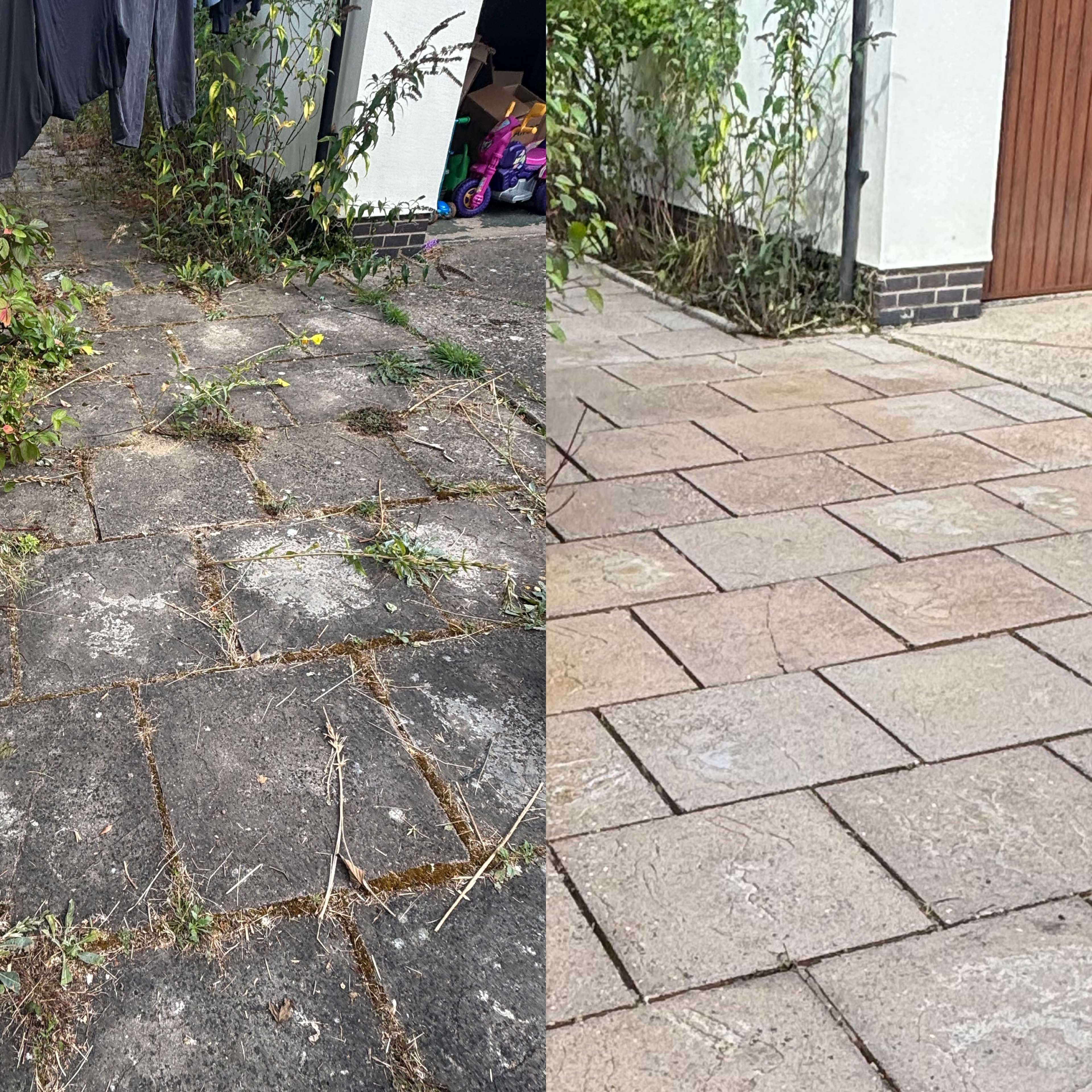 Before and after stone steps pressure wash at a residential property in Nettleham — weeds and staining removed