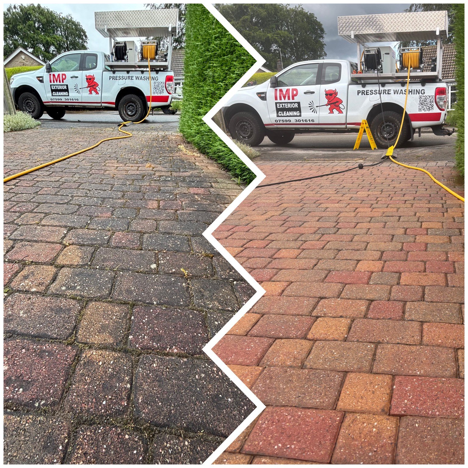 Block paved driveway in Skellingthorpe before pressure washing — covered in moss and grime