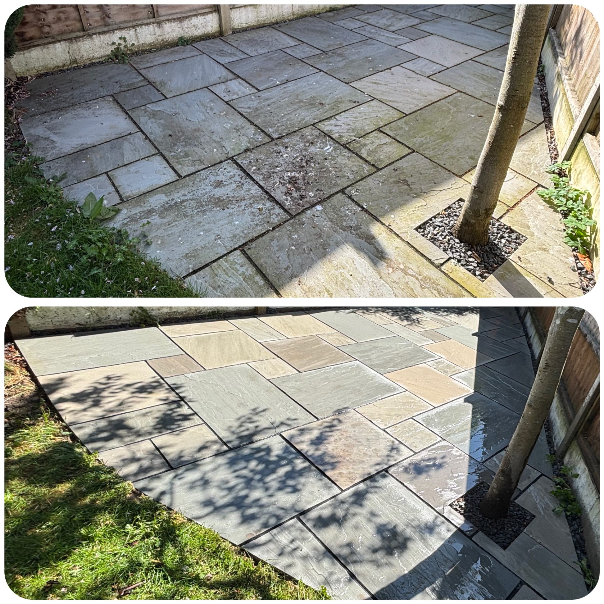 Before and after patio pressure washing at a residential property in North Hykeham